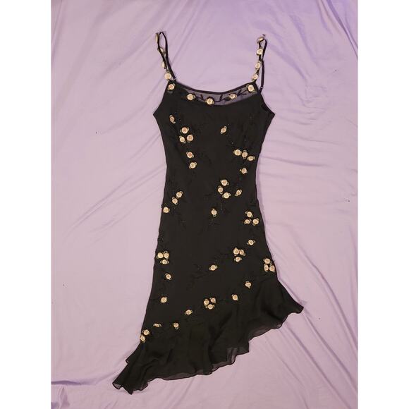 Sue Wong Dresses & Skirts - VTG Sue Wong 100% Silk Beaded Dress Black Floral Rosette Y2K Fairy Asymmetrical
